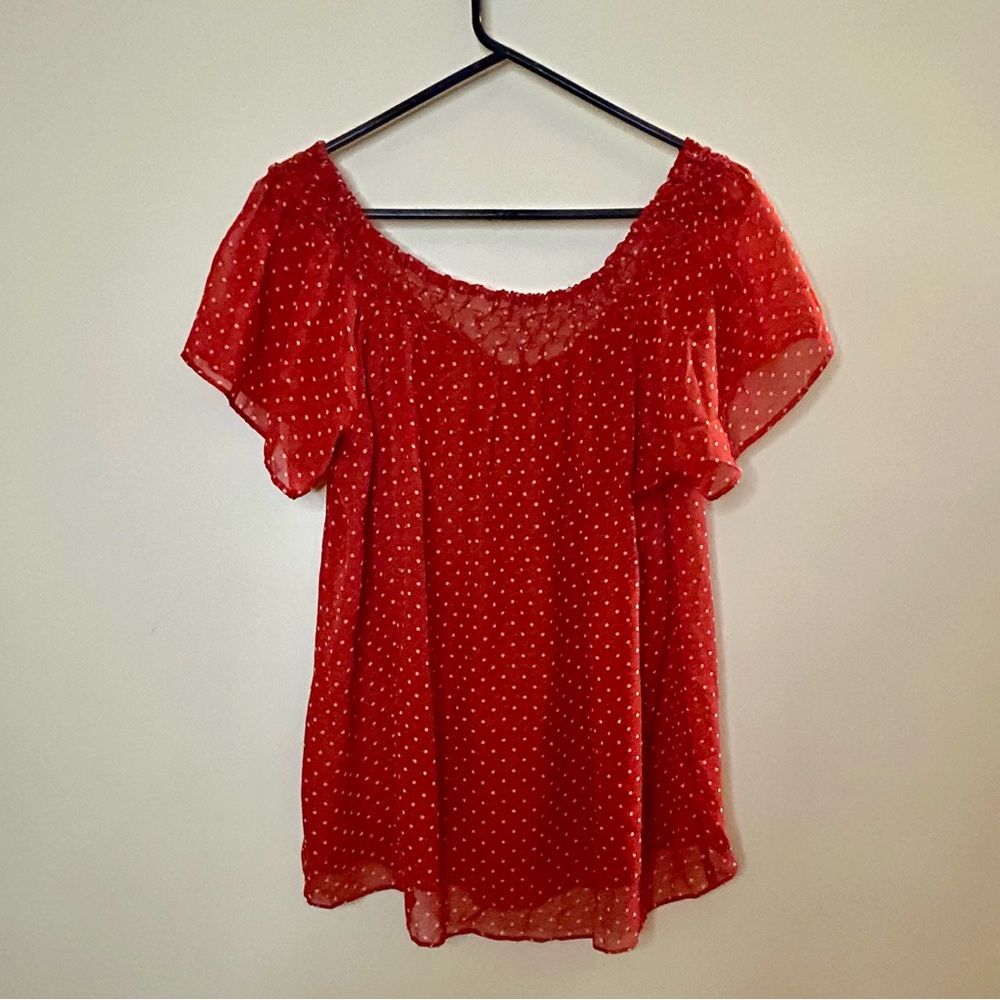 Vintage Cherry Red & White Polka Dot Blouse Shirred Scoop Neck Top Tassel Ties M - Picture 7 of 9